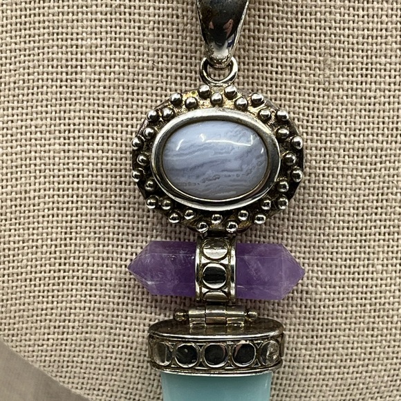 Vintage Whitney Kelly Sterling Silver Pendant w/ Agate, Amethyst & Chalcedony - Picture 6 of 17
